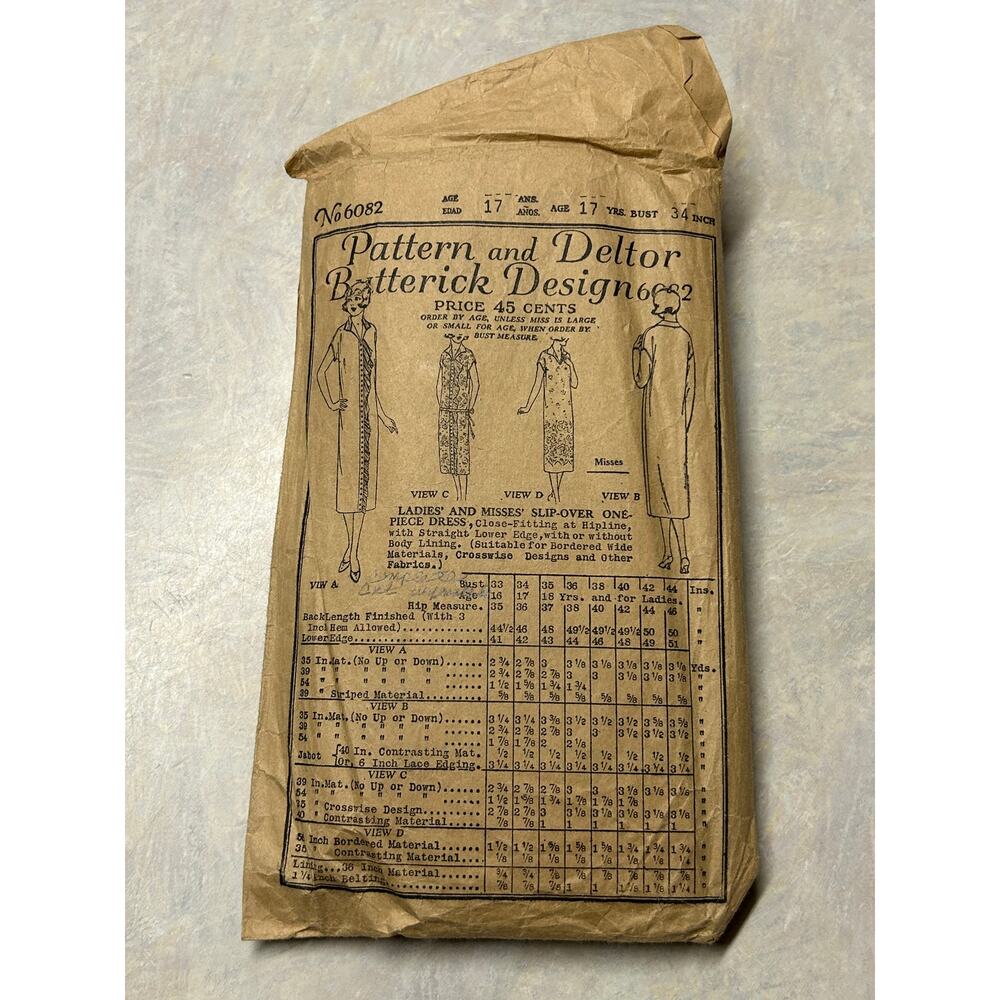 Antique 30's Butterick Pattern #6082 Misses Slip Over 1 Piece Dress Size‎ 17 Yr